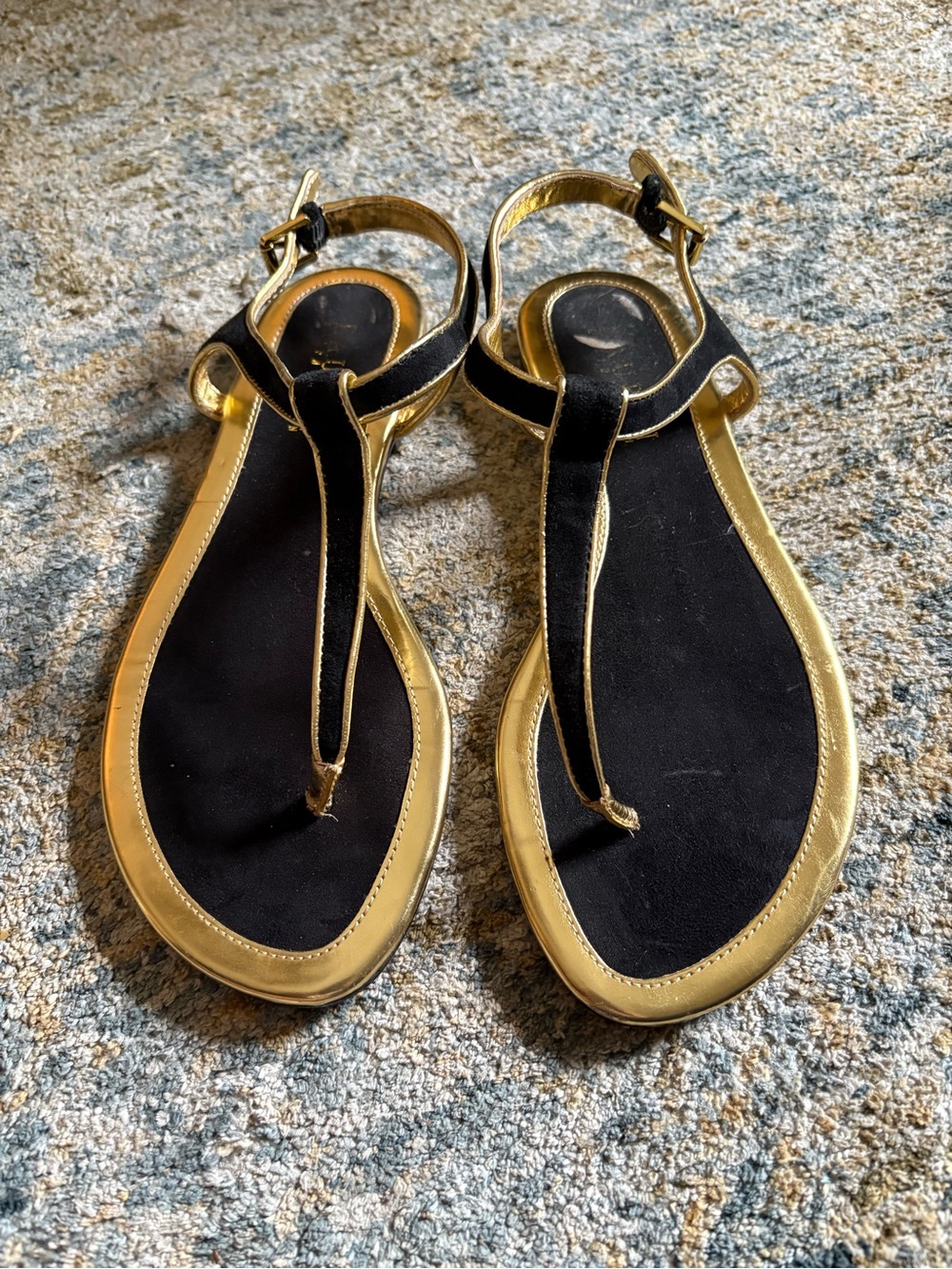 Ralph Lauren Black and Gold T-Strap Thong Sandals size 6.5